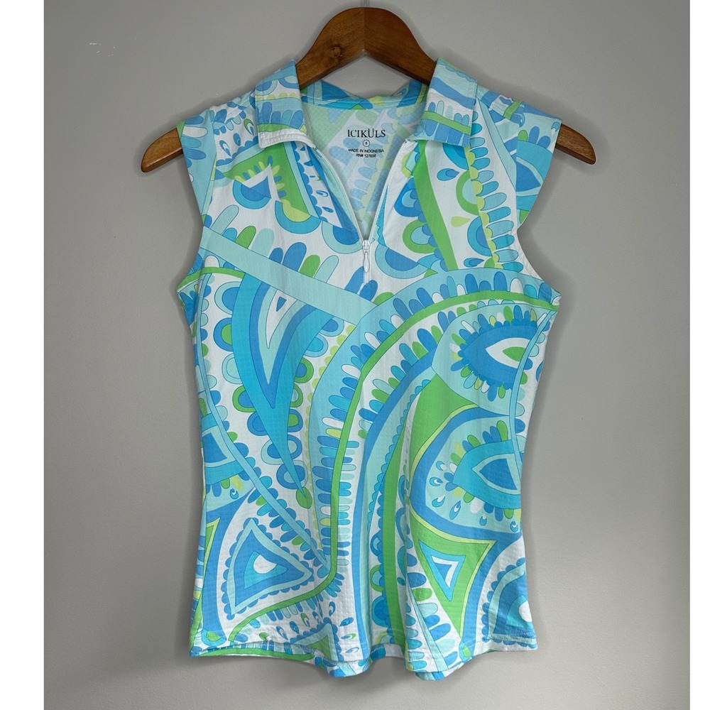 Icikuls Sleeveless Polo Women S Blue Green EUC Vibrant Paisley Performance Top - Picture 1 of 3